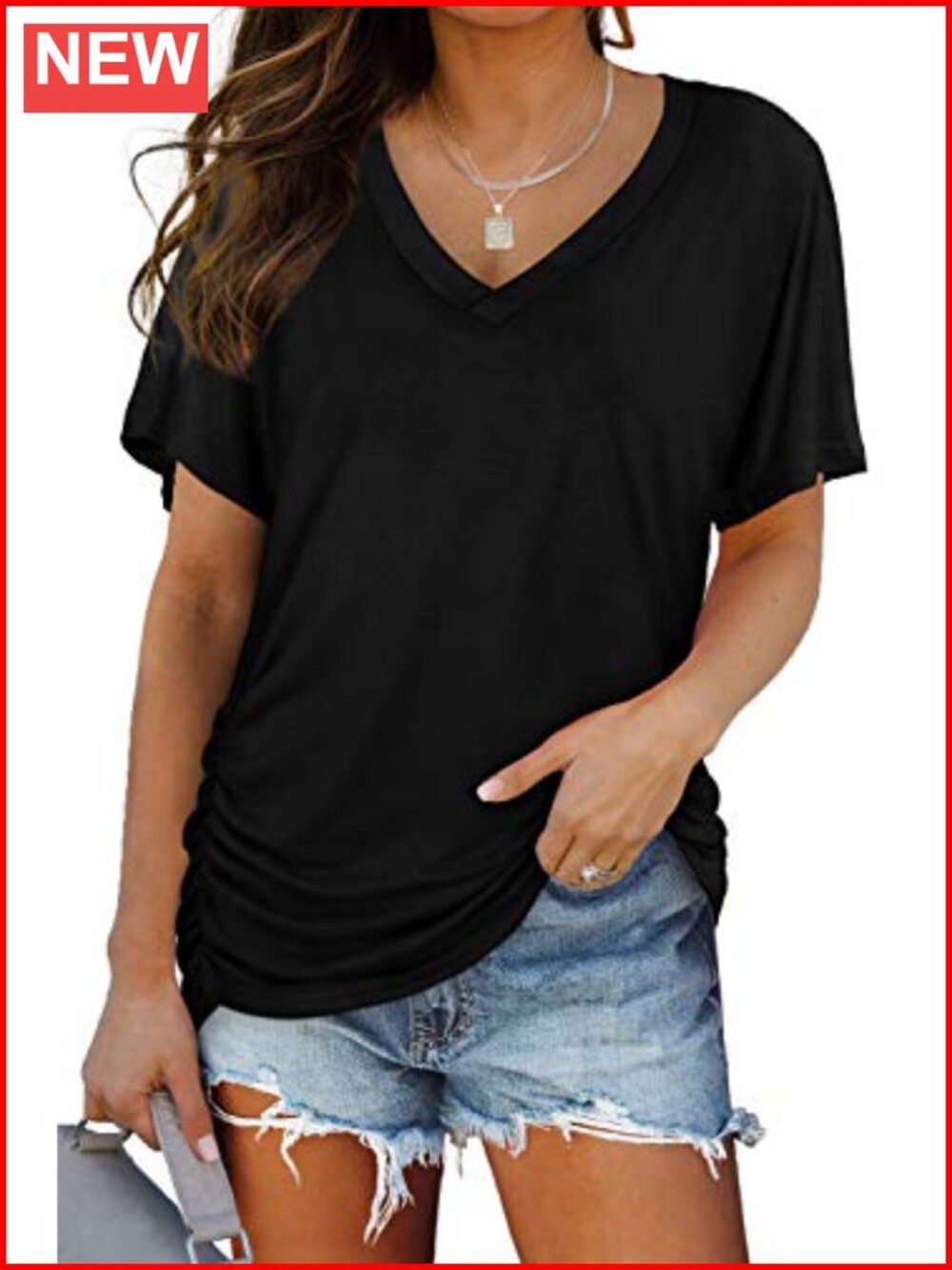 Womens Summer Short Sleeve V Neck Dolman Top Loose Fit Tee